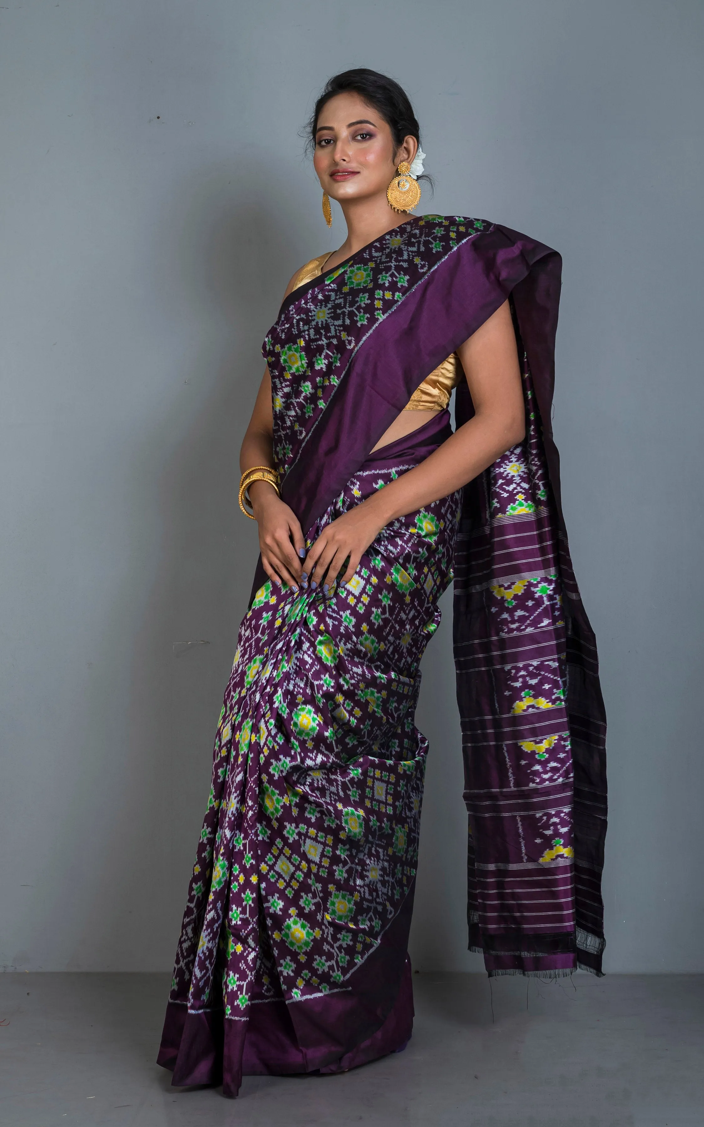 Exclusive Madathasu Ikkat Pochampally Silk Saree in Royal Purple, Red, Golden Yellow, Off White and Bright Green