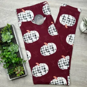 Farmhouse Plaid Pumpkins Burgundy Soft Leggings