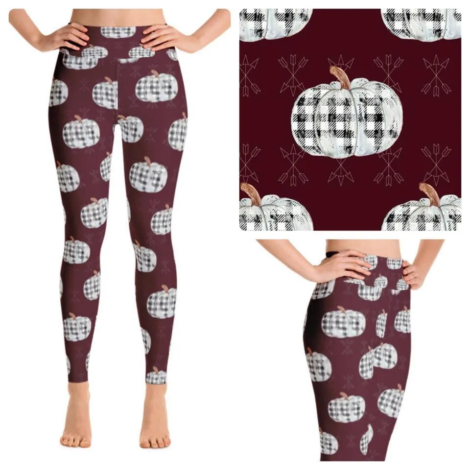 Farmhouse Plaid Pumpkins Burgundy Soft Leggings