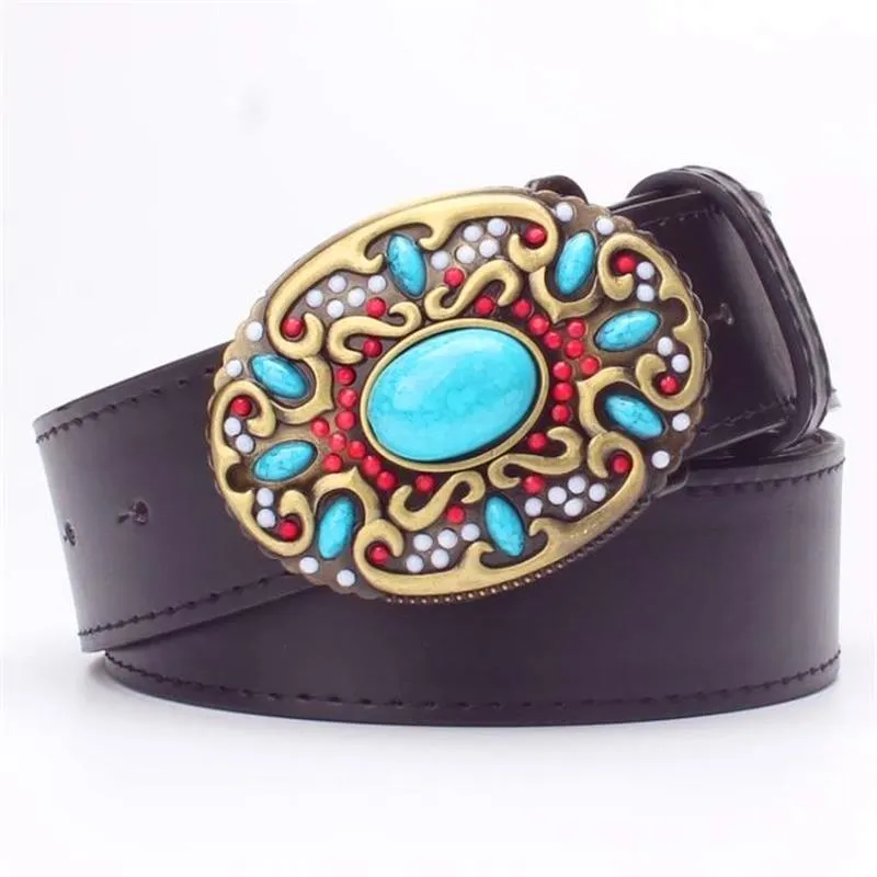 Fashionable Cowskin Leather Belts with Turquoise Stones for Women