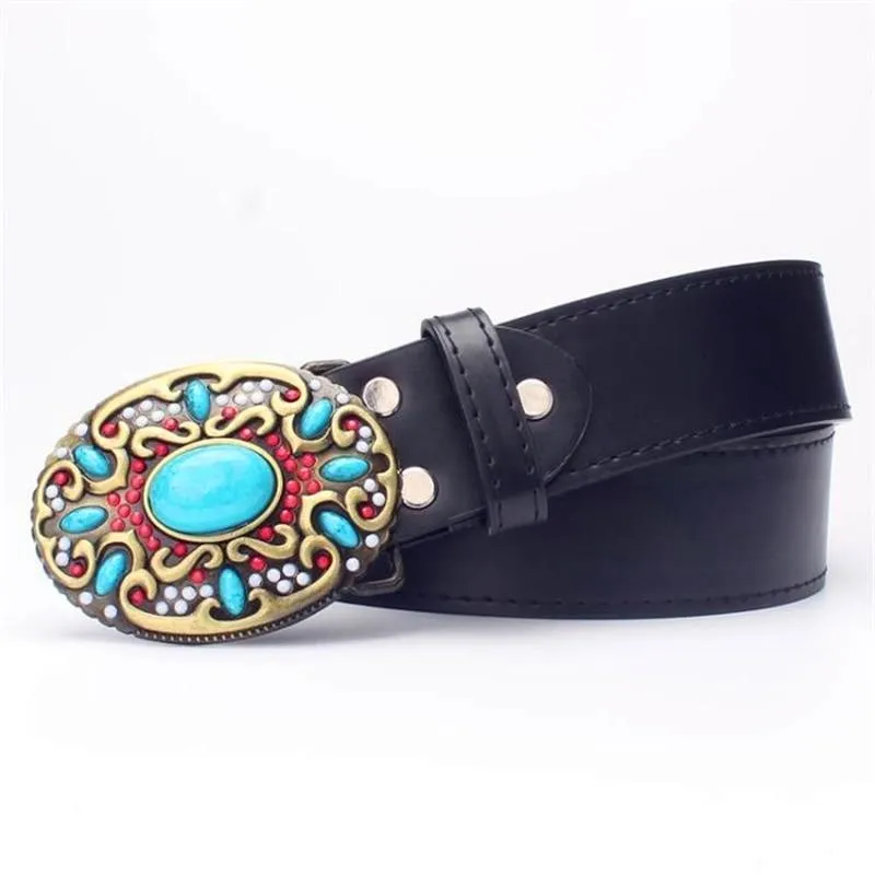 Fashionable Cowskin Leather Belts with Turquoise Stones for Women