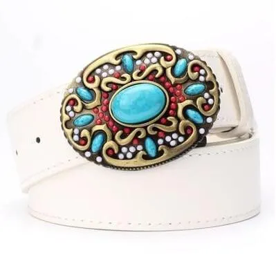 Fashionable Cowskin Leather Belts with Turquoise Stones for Women