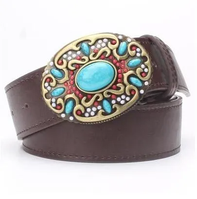 Fashionable Cowskin Leather Belts with Turquoise Stones for Women