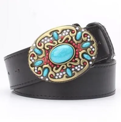 Fashionable Cowskin Leather Belts with Turquoise Stones for Women