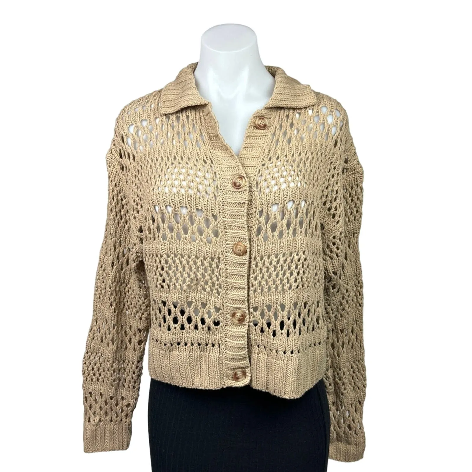 Gilli Taupe Brown Collared Button Down Crochet Open Knit Cardigan Sweater Size S