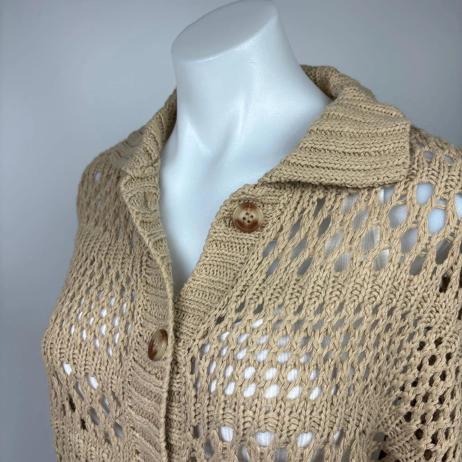 Gilli Taupe Brown Collared Button Down Crochet Open Knit Cardigan Sweater Size S