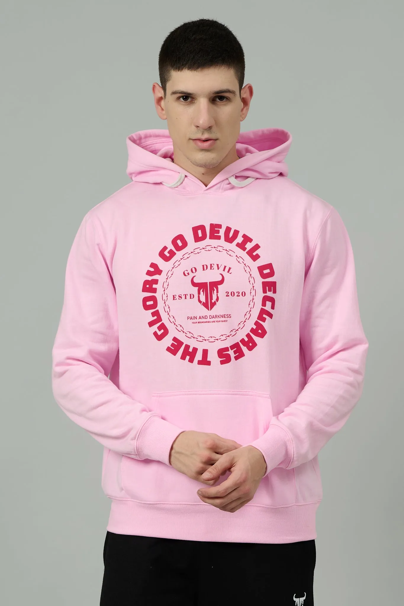 Go Devil Logo Printed Pink Hoodie for Men