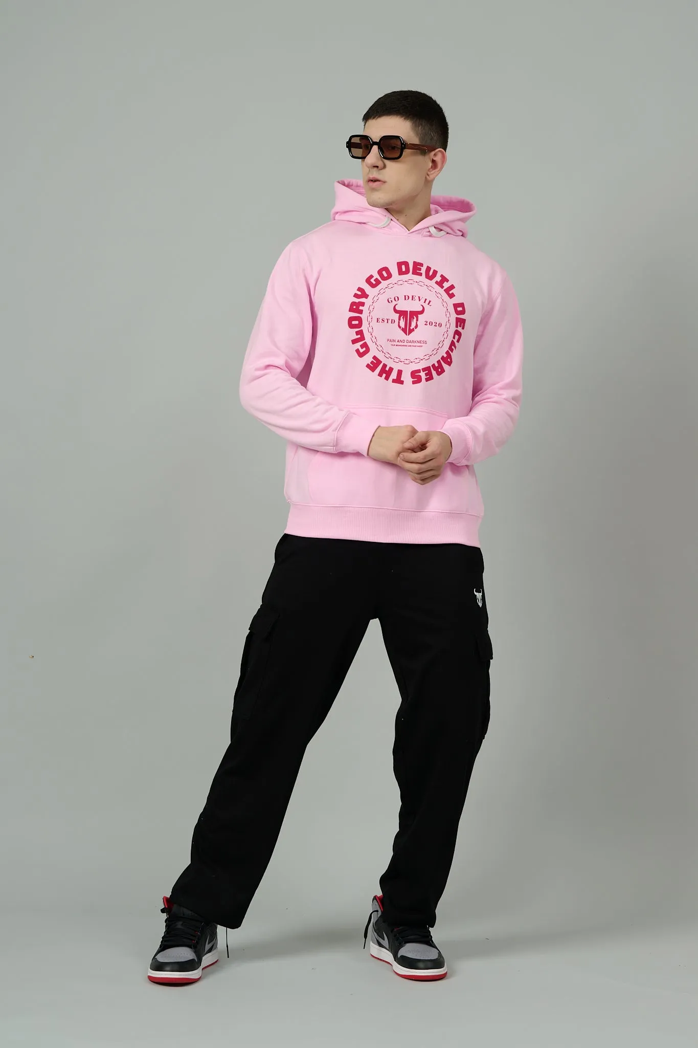 Go Devil Logo Printed Pink Hoodie for Men