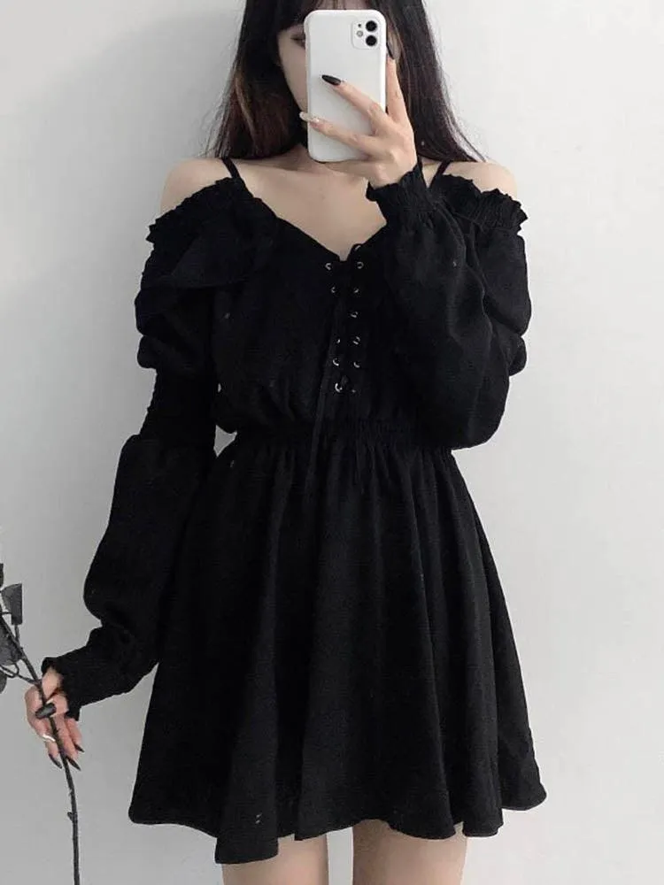 Gothic Black Mini Dress Sexy Off Shoulder High Waist Tunic Dress