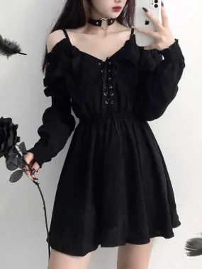 Gothic Black Mini Dress Sexy Off Shoulder High Waist Tunic Dress