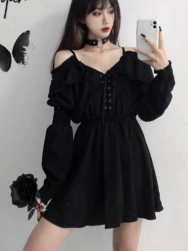 Gothic Black Mini Dress Sexy Off Shoulder High Waist Tunic Dress