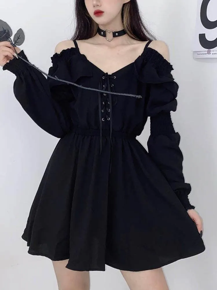 Gothic Black Mini Dress Sexy Off Shoulder High Waist Tunic Dress