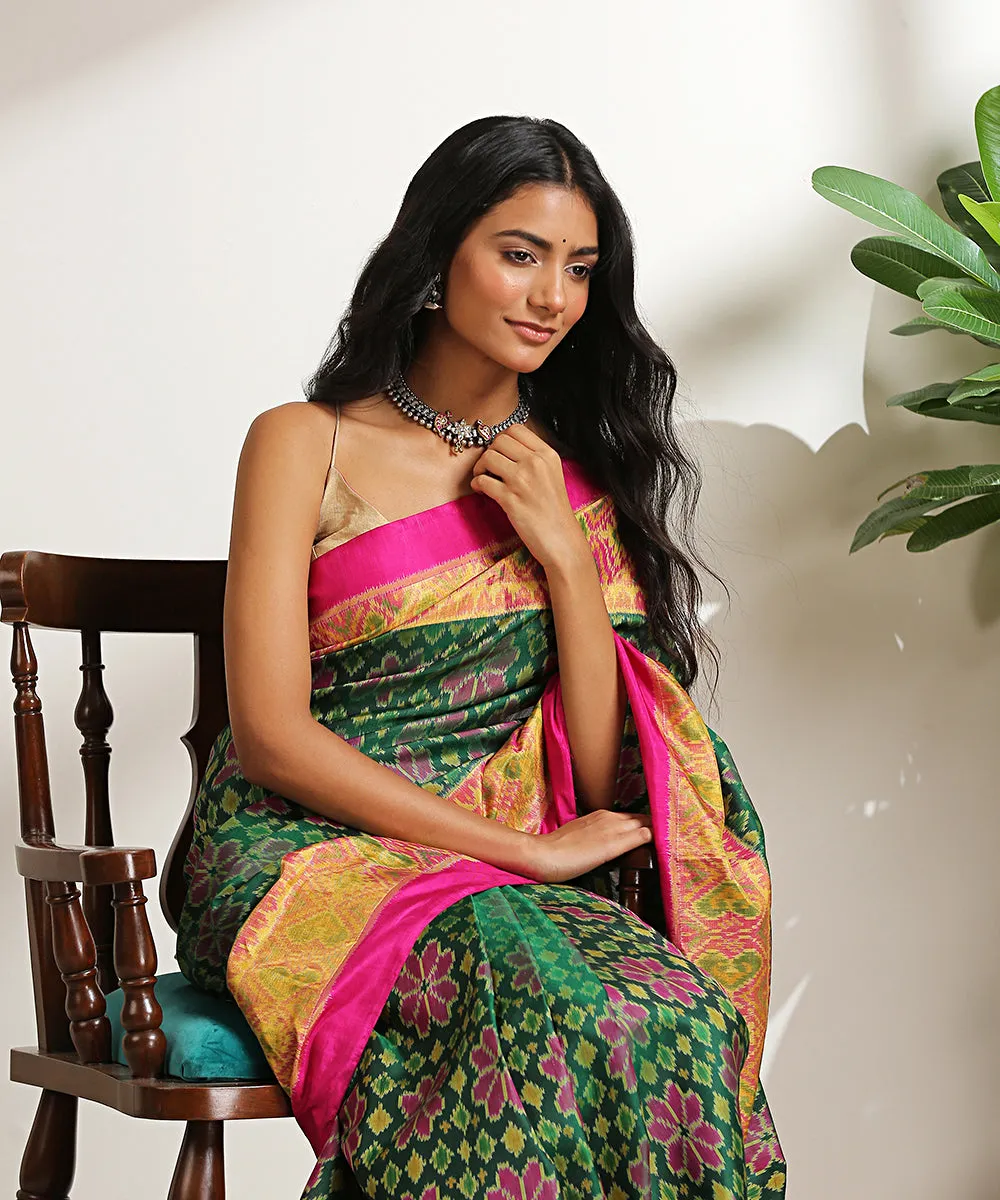 Green Handloom Pure Mulberry Silk Patola Saree With Pink Border And Pallu