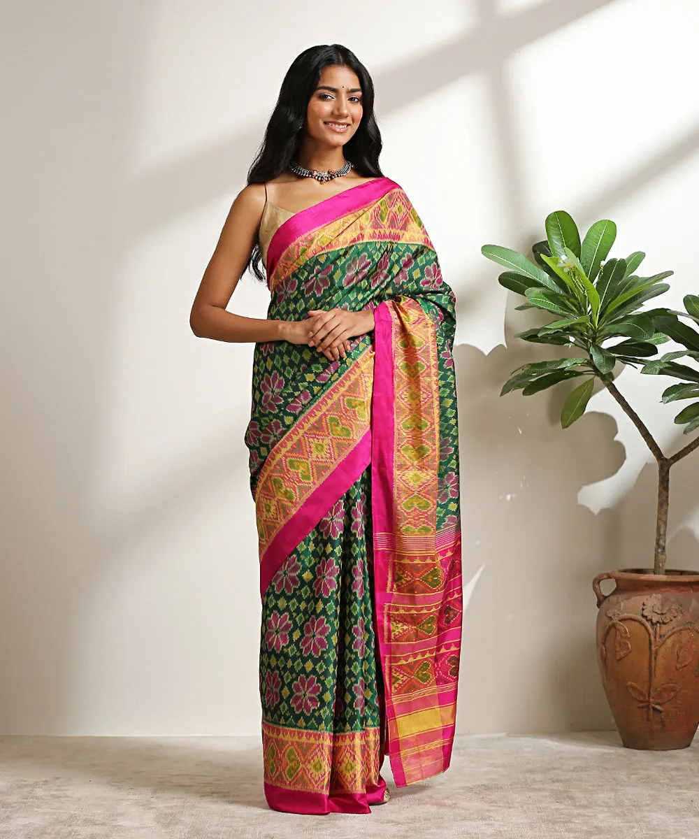 Green Handloom Pure Mulberry Silk Patola Saree With Pink Border And Pallu