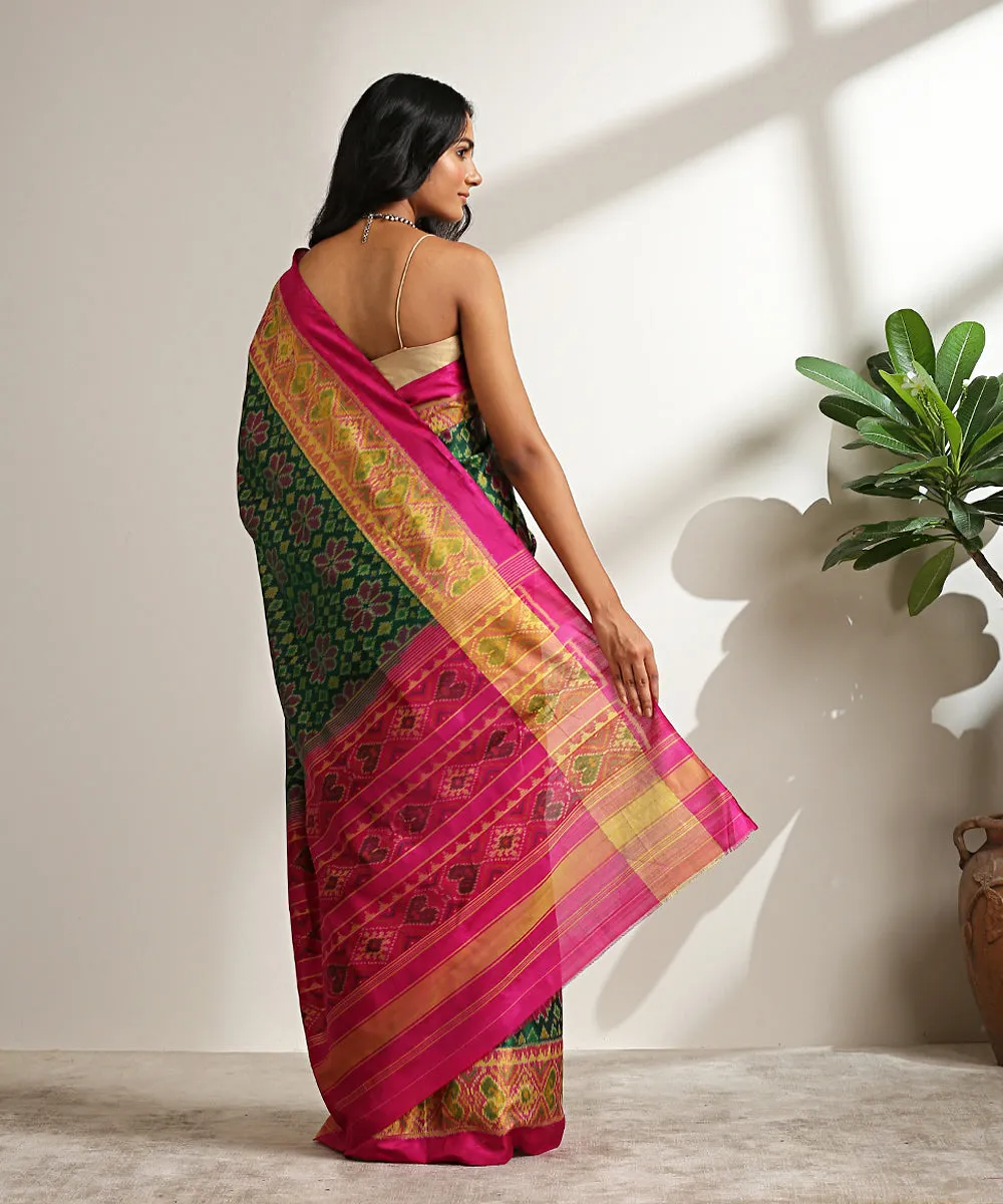 Green Handloom Pure Mulberry Silk Patola Saree With Pink Border And Pallu