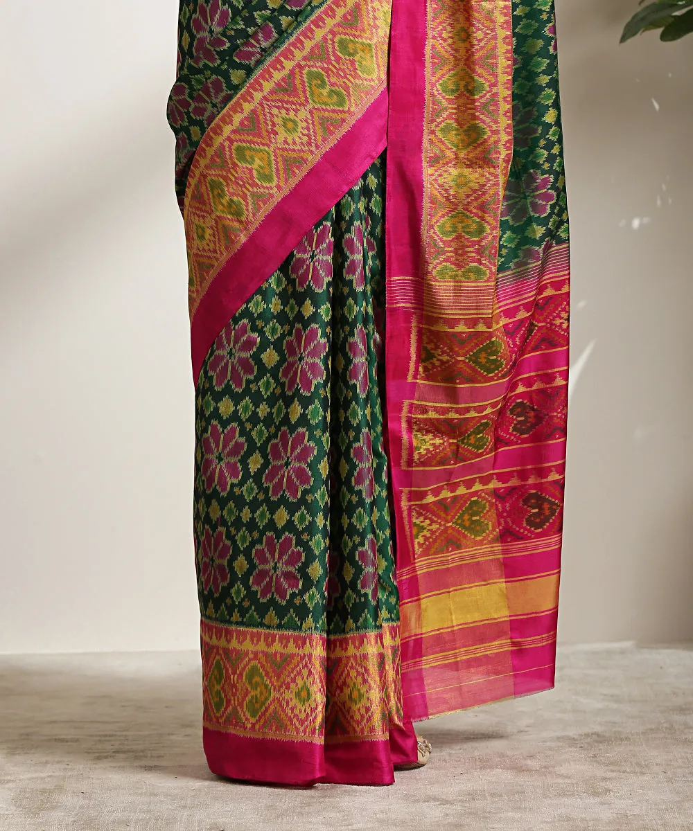 Green Handloom Pure Mulberry Silk Patola Saree With Pink Border And Pallu