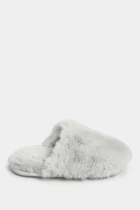 Grey Fluffy Slippers In Wide E Fit