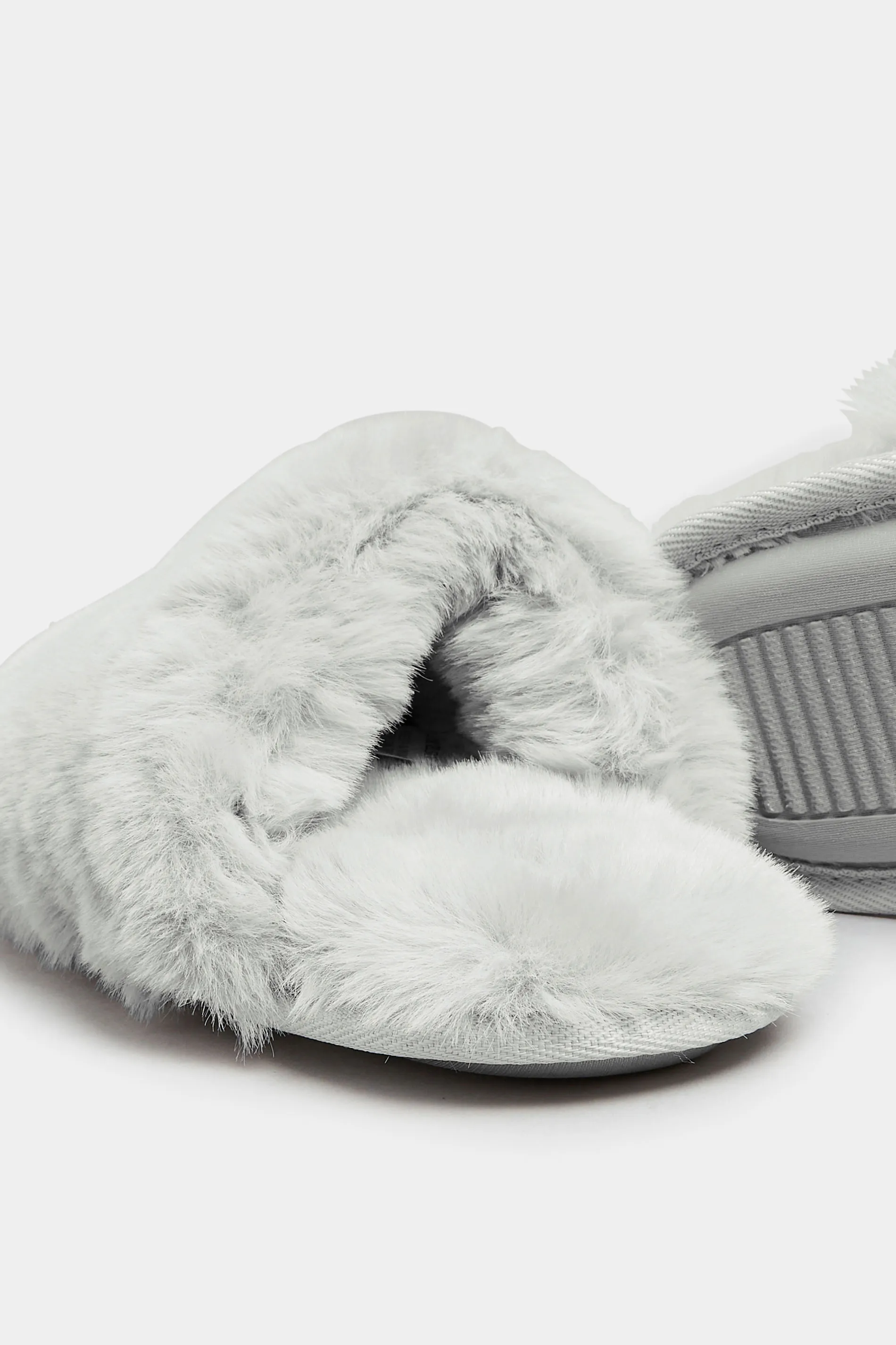 Grey Fluffy Slippers In Wide E Fit