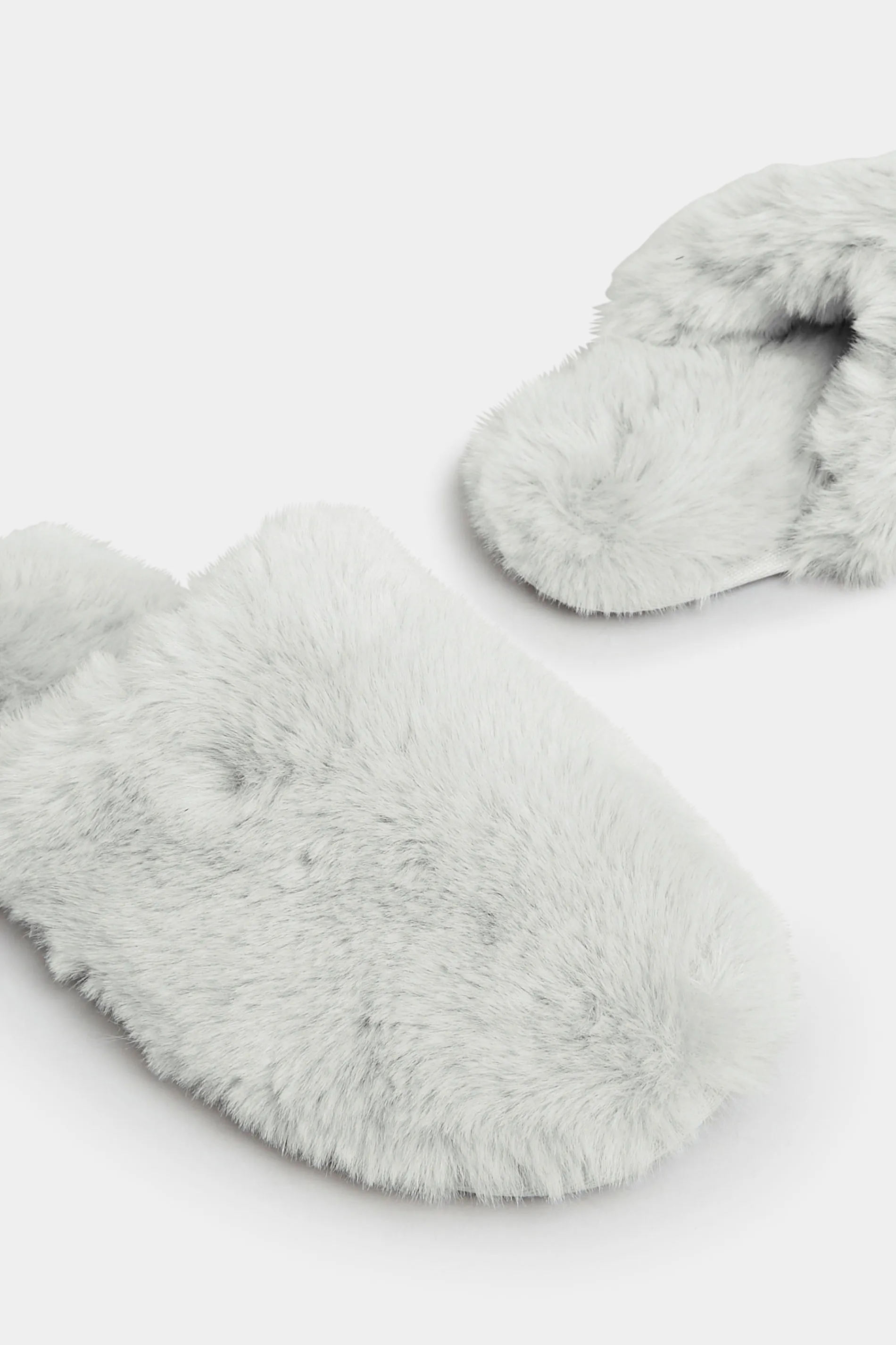 Grey Fluffy Slippers In Wide E Fit