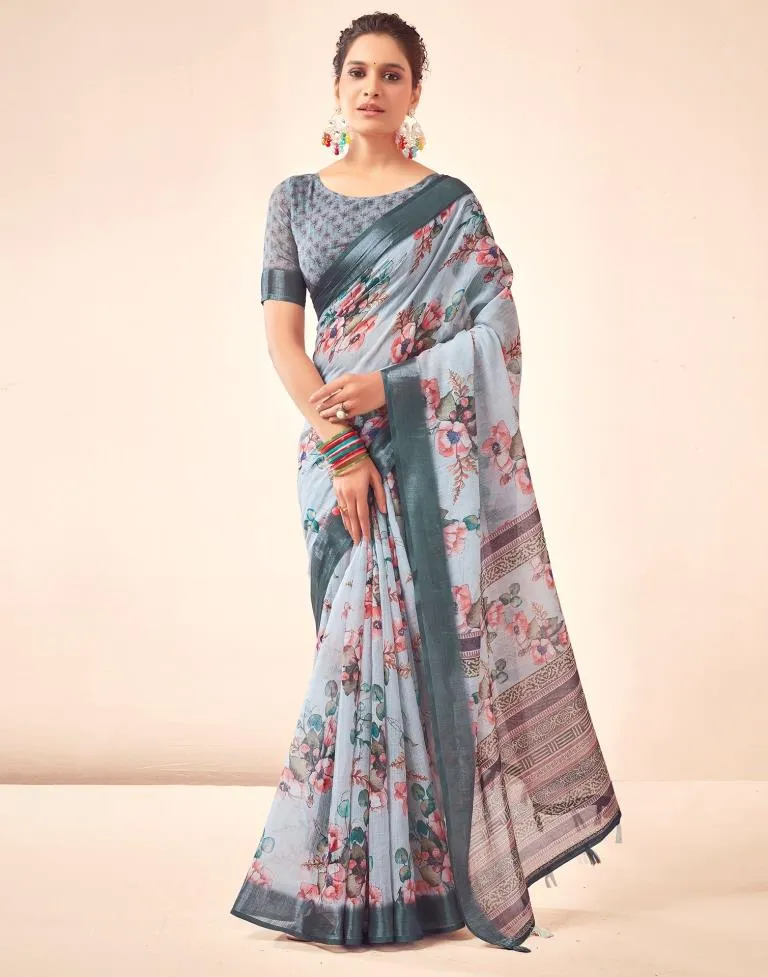 Grey Linen Printed Sarees