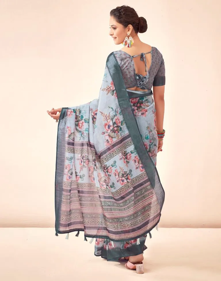 Grey Linen Printed Sarees