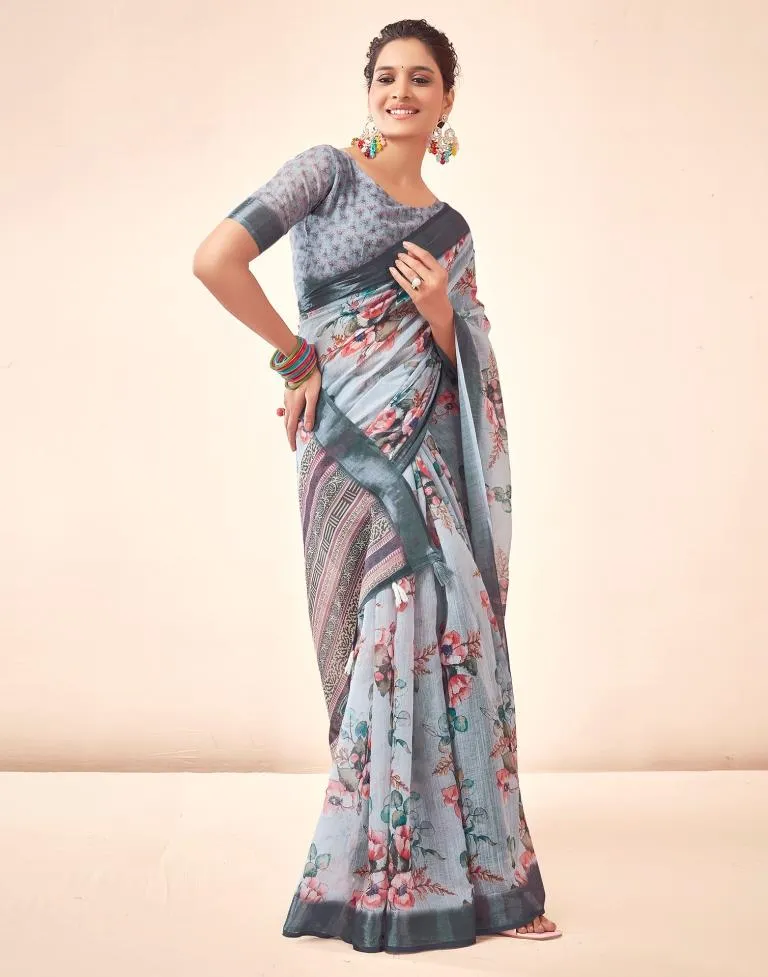 Grey Linen Printed Sarees