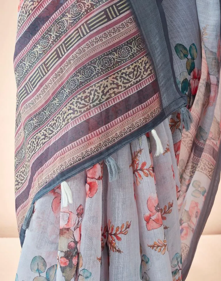 Grey Linen Printed Sarees