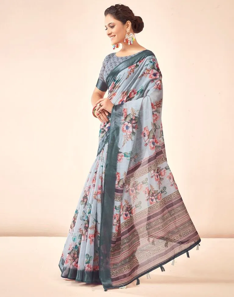 Grey Linen Printed Sarees