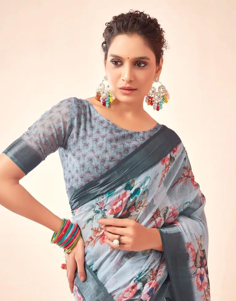 Grey Linen Printed Sarees