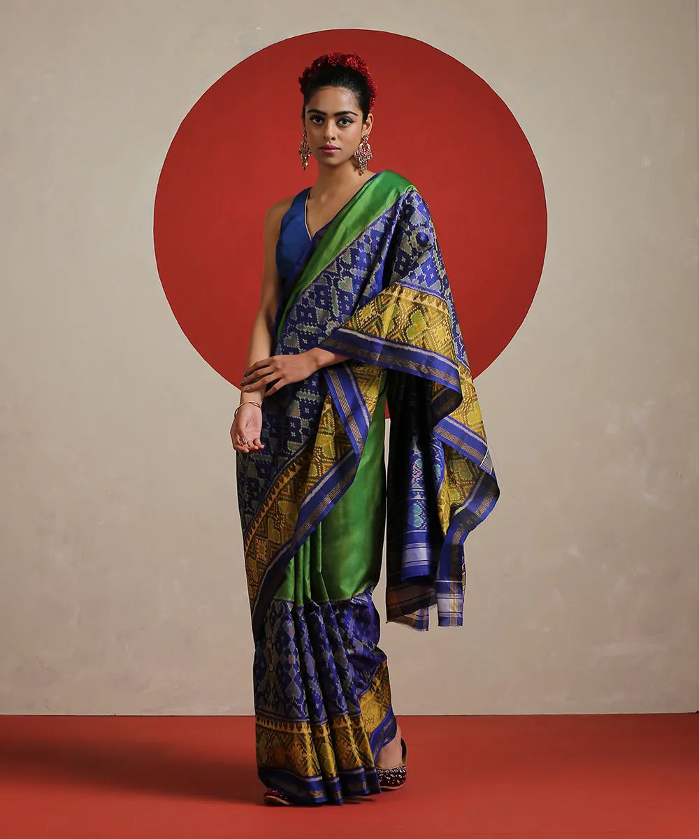 Handloom Green And Blue Double Shade Pure Mulberry Silk Ikat Patola Saree