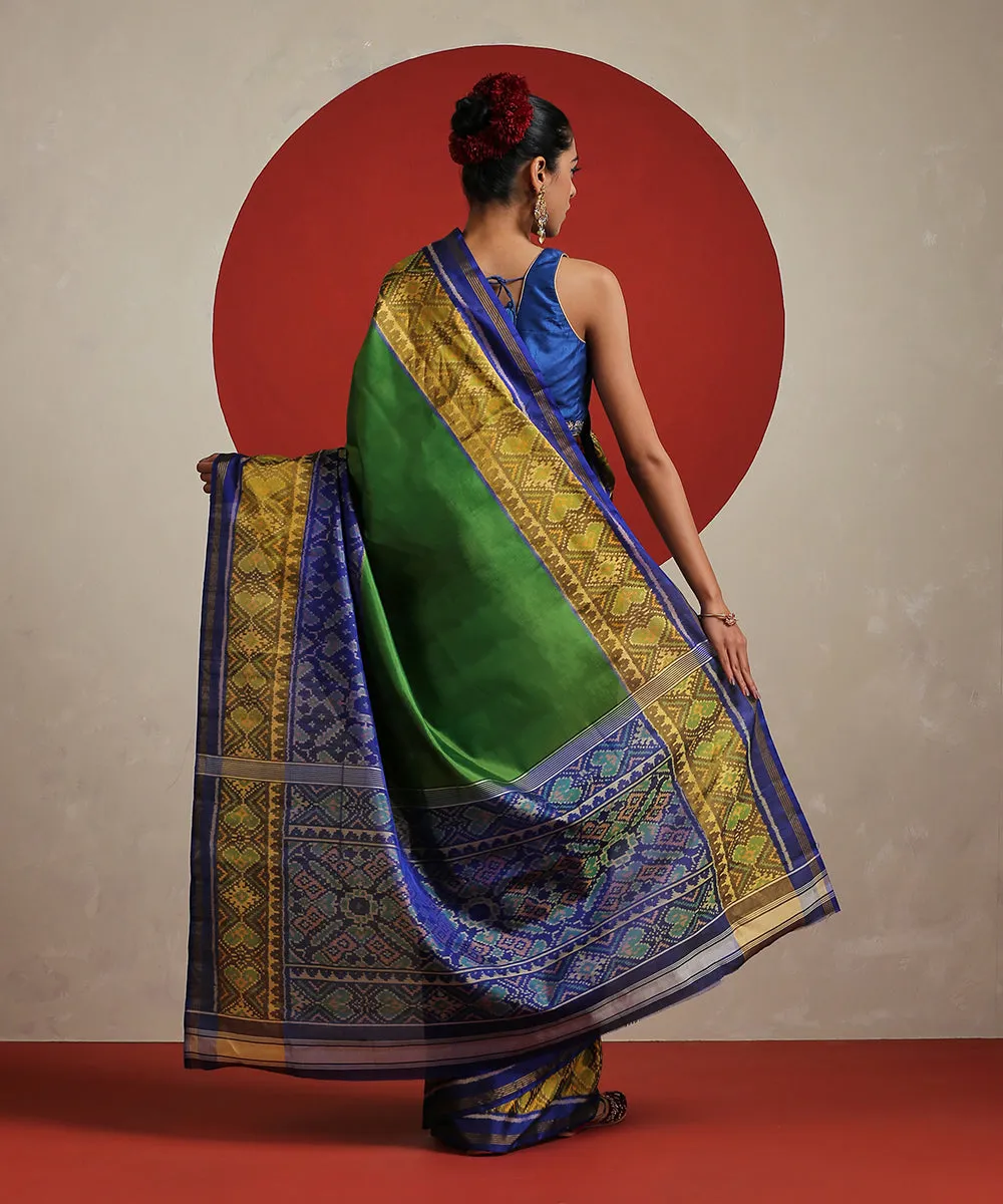 Handloom Green And Blue Double Shade Pure Mulberry Silk Ikat Patola Saree