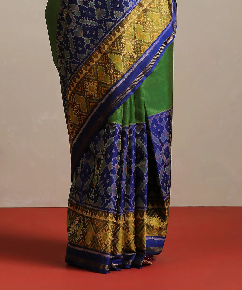 Handloom Green And Blue Double Shade Pure Mulberry Silk Ikat Patola Saree