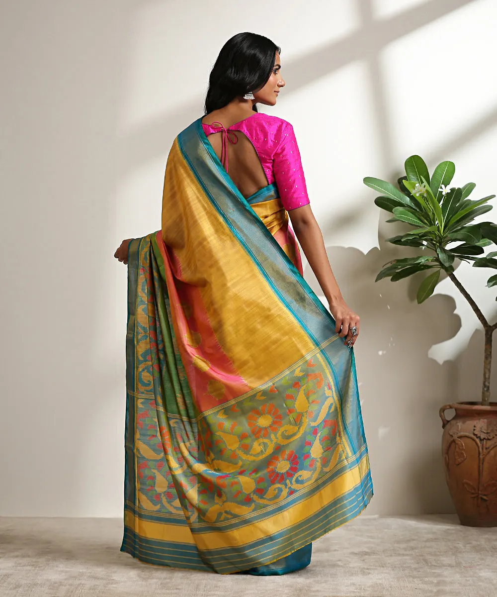 Handloom Green And Blue Shaded Pure Mulberry Silk Patola Saree With Blue Palla