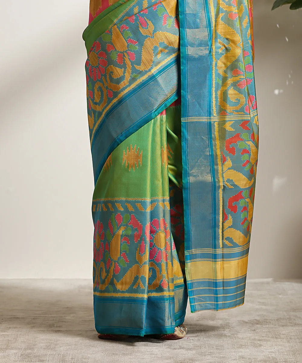 Handloom Green And Blue Shaded Pure Mulberry Silk Patola Saree With Blue Palla