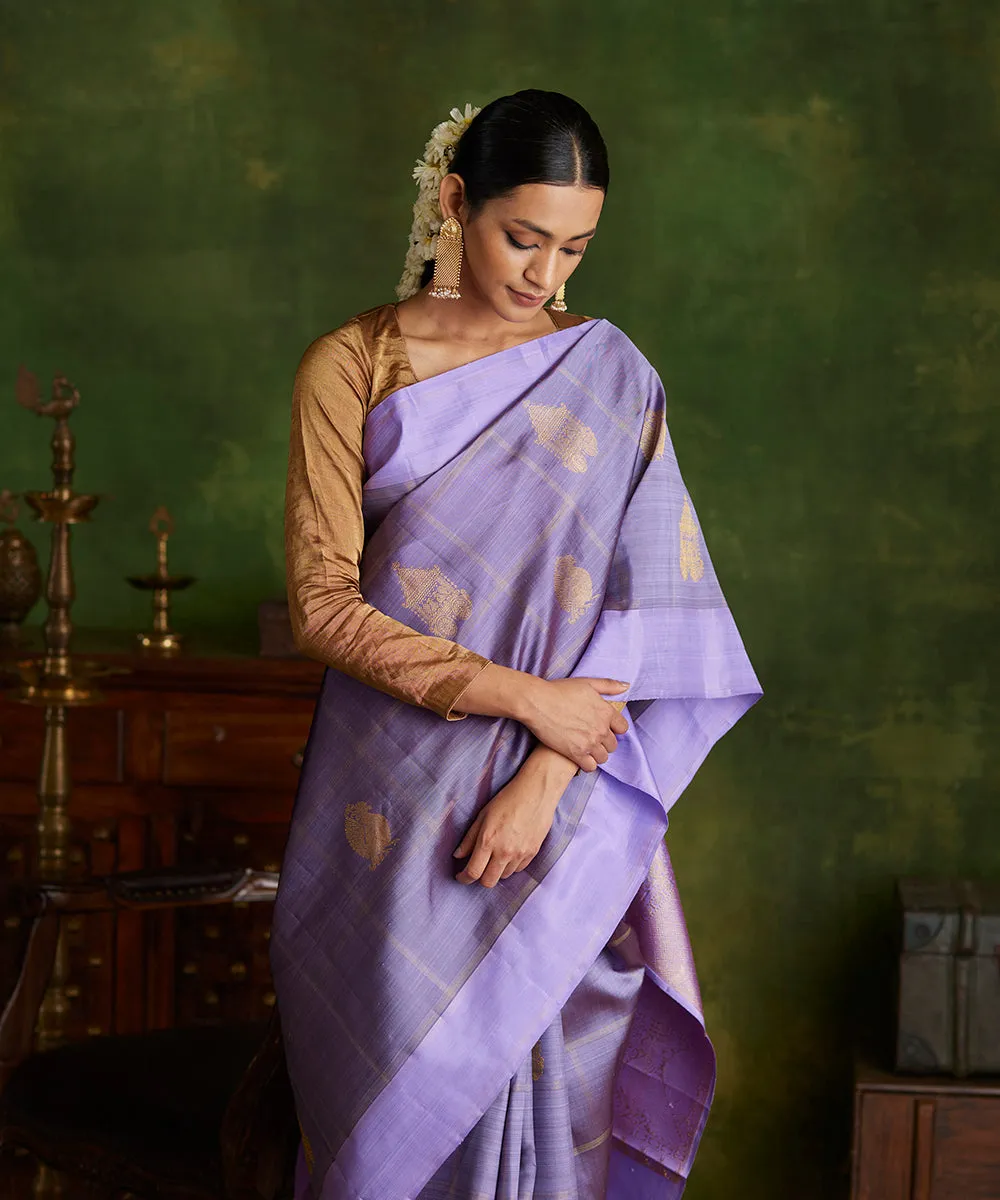 Handloom Lavender Double Shade Pure Silk Kanjivaram Saree With Antique Zari Peacock Booti