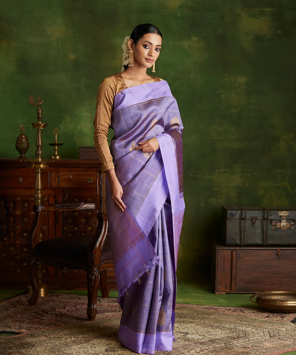 Handloom Lavender Double Shade Pure Silk Kanjivaram Saree With Antique Zari Peacock Booti