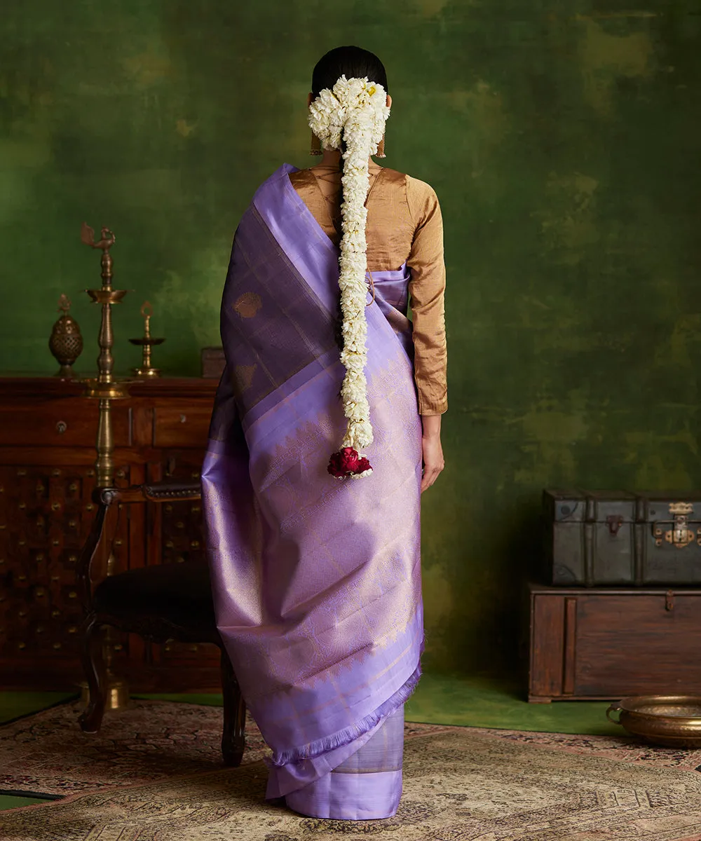 Handloom Lavender Double Shade Pure Silk Kanjivaram Saree With Antique Zari Peacock Booti