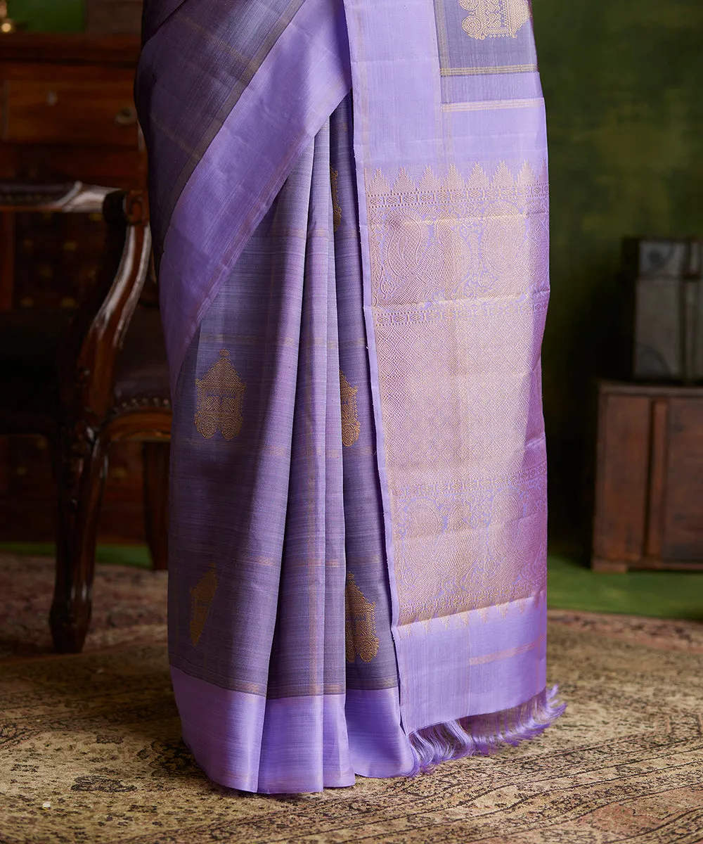 Handloom Lavender Double Shade Pure Silk Kanjivaram Saree With Antique Zari Peacock Booti