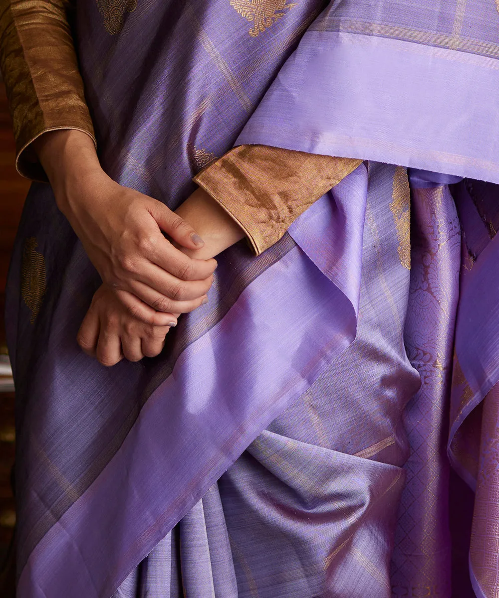 Handloom Lavender Double Shade Pure Silk Kanjivaram Saree With Antique Zari Peacock Booti