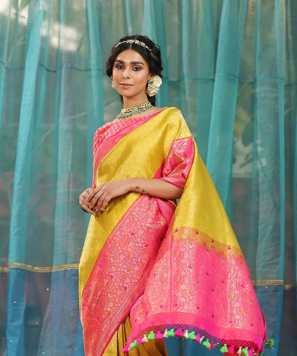 Handloom Mustard Brocade Pure Katan Silk Banarasi Saree With Pink Meenakari Shikargah Border