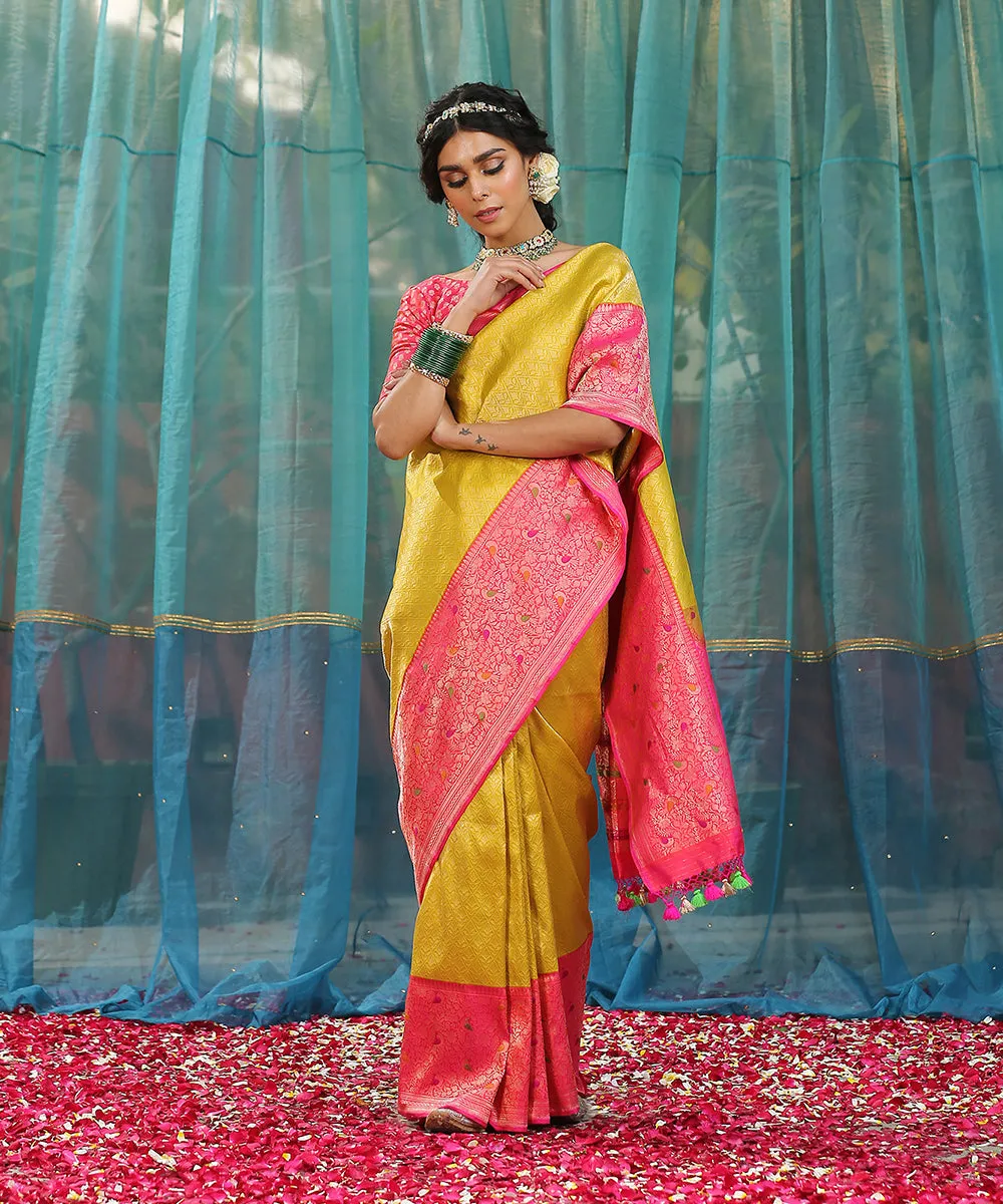 Handloom Mustard Brocade Pure Katan Silk Banarasi Saree With Pink Meenakari Shikargah Border