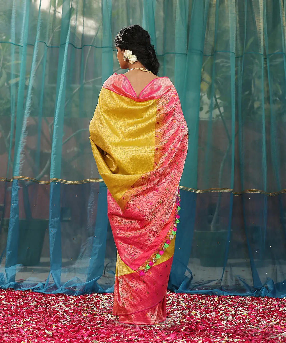 Handloom Mustard Brocade Pure Katan Silk Banarasi Saree With Pink Meenakari Shikargah Border