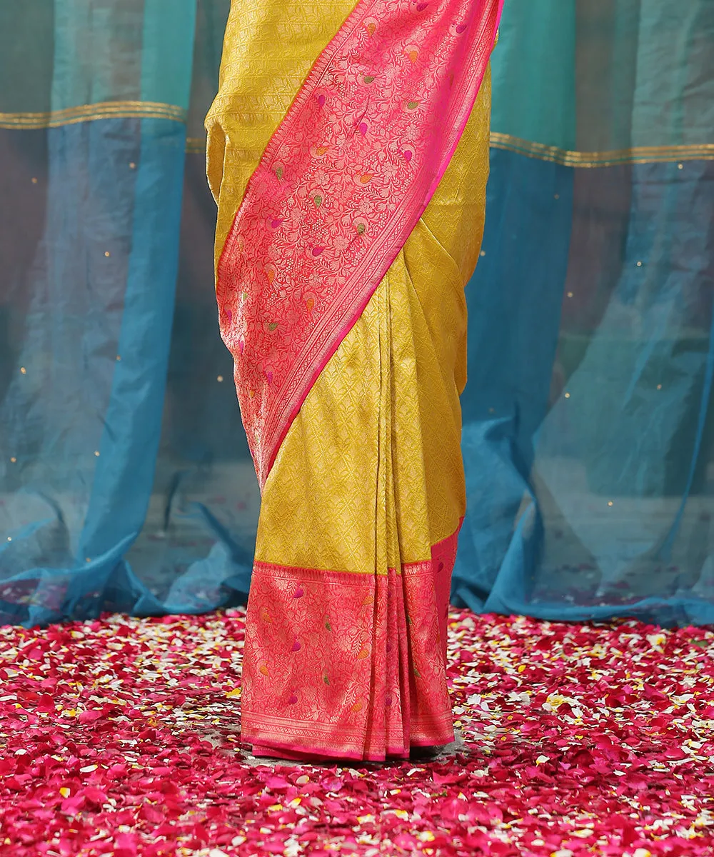 Handloom Mustard Brocade Pure Katan Silk Banarasi Saree With Pink Meenakari Shikargah Border