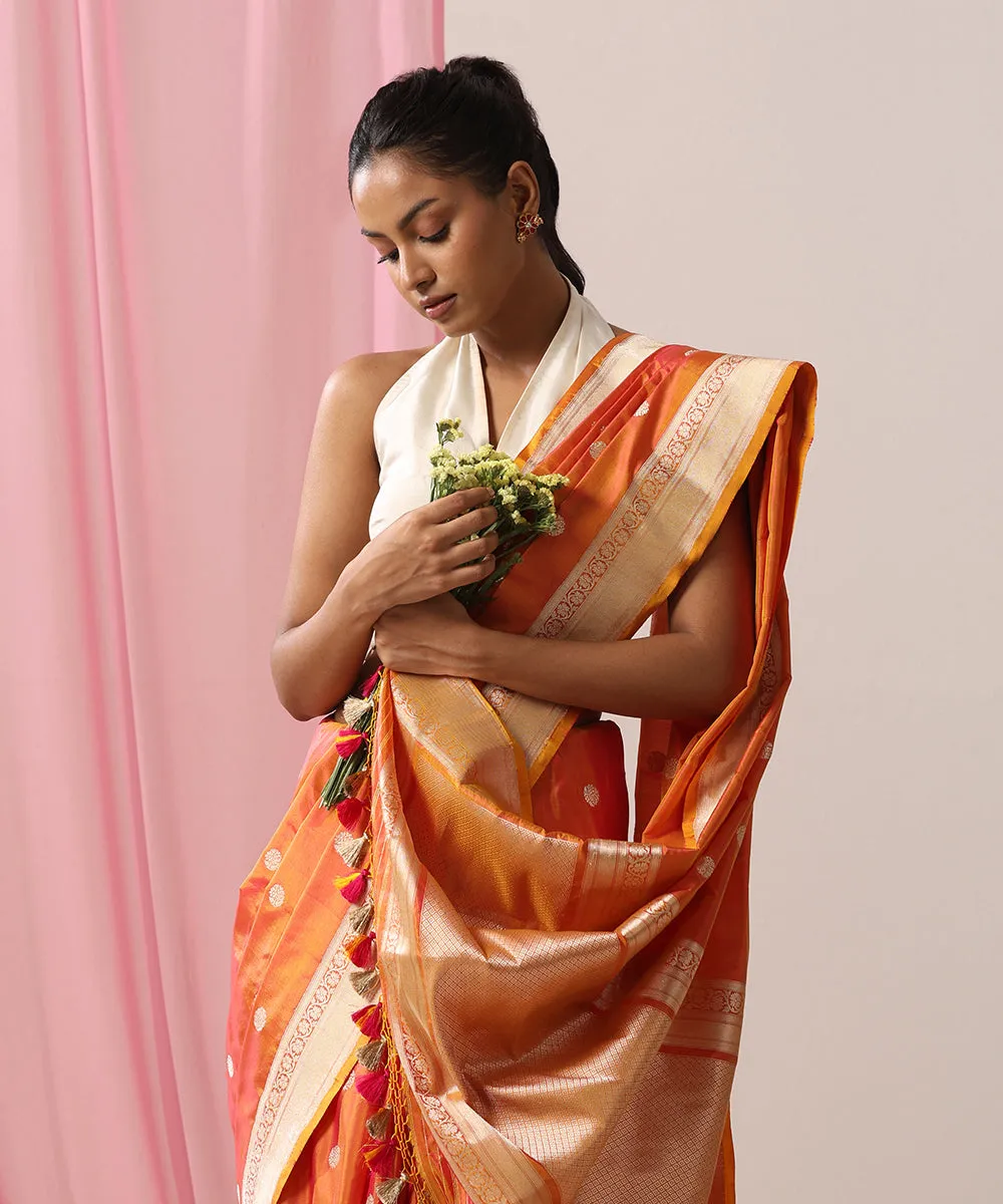 Handloom Peach And Yellow Dual Tone Pure Katan Silk Banarasi Saree With Asharfi Booti