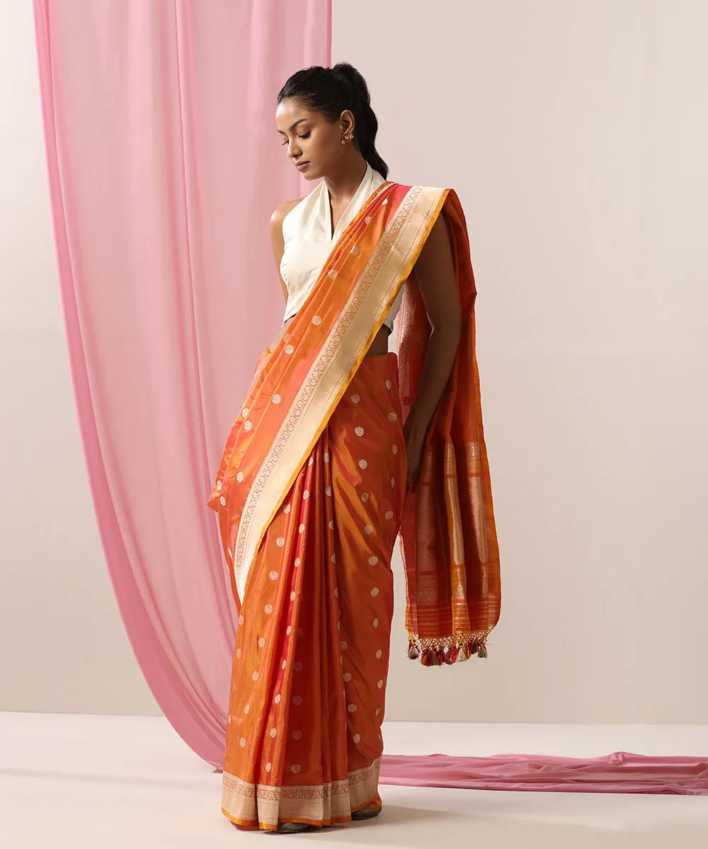 Handloom Peach And Yellow Dual Tone Pure Katan Silk Banarasi Saree With Asharfi Booti