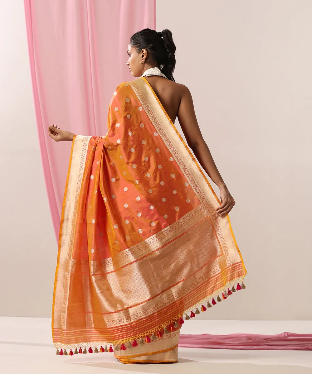 Handloom Peach And Yellow Dual Tone Pure Katan Silk Banarasi Saree With Asharfi Booti