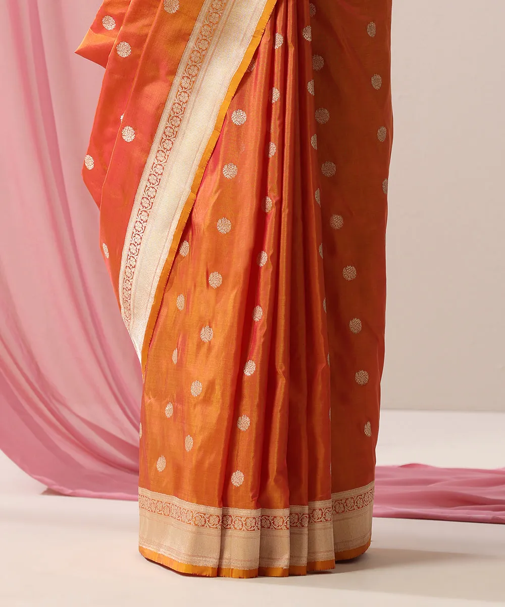 Handloom Peach And Yellow Dual Tone Pure Katan Silk Banarasi Saree With Asharfi Booti