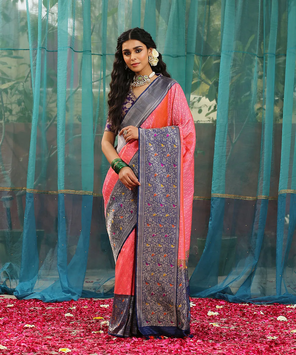 Handloom Pink And Orange Brocade Pure Katan Silk Shikargah Banarasi Saree With Blue Meenakari Border