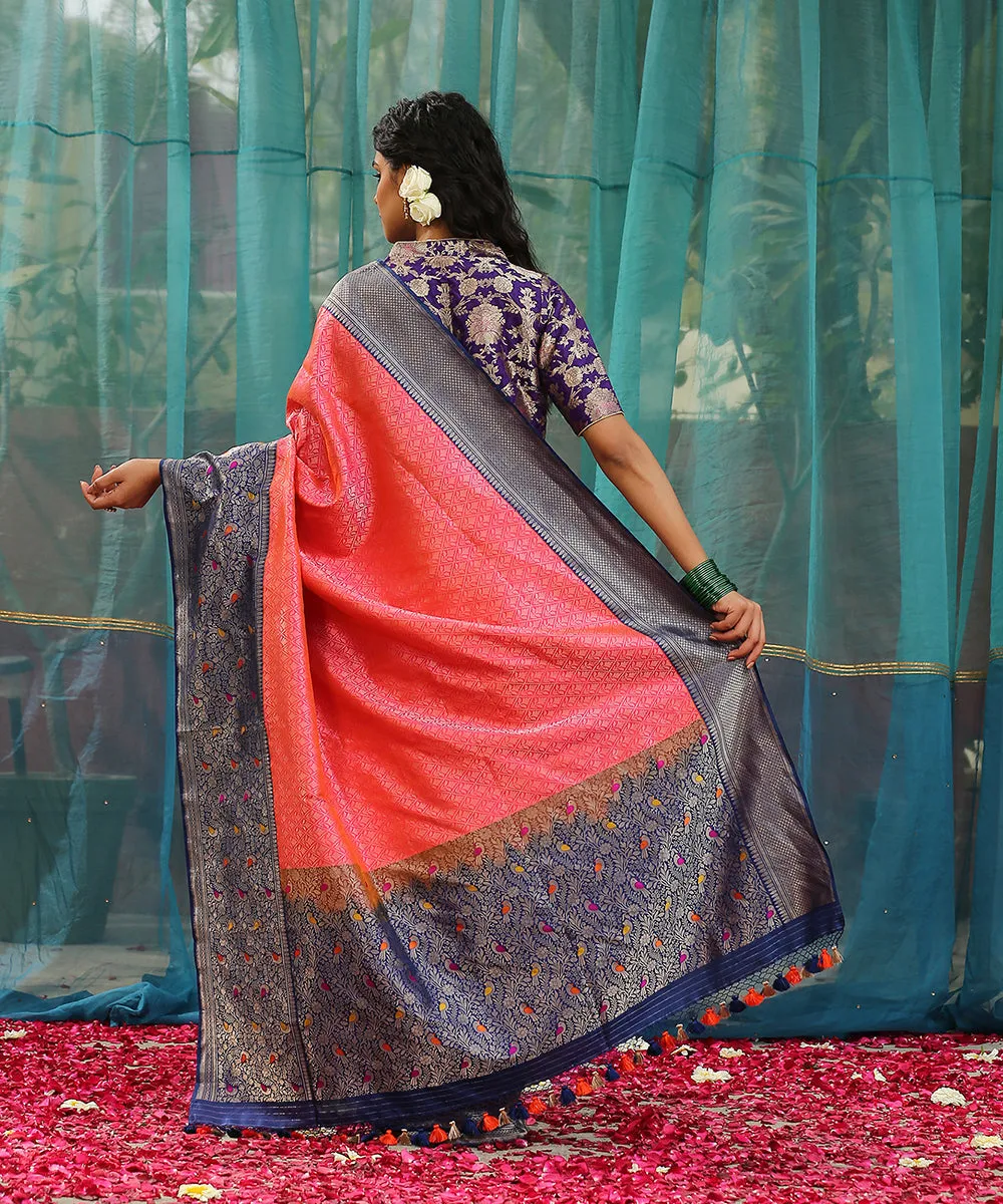 Handloom Pink And Orange Brocade Pure Katan Silk Shikargah Banarasi Saree With Blue Meenakari Border