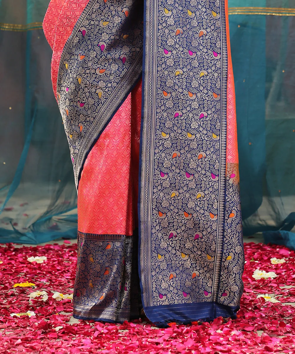 Handloom Pink And Orange Brocade Pure Katan Silk Shikargah Banarasi Saree With Blue Meenakari Border